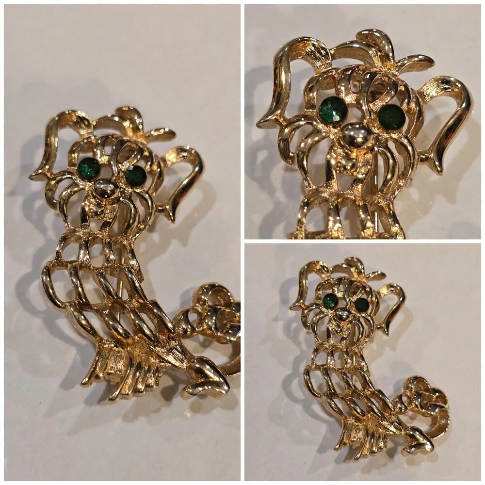 Vintage Avon Poodle Brooch Gold Tone Green Rhinestone Eyes Openwork Dog Pin 1425